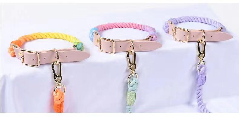 Hands Free Rope Leash and Luxe Royal Leather Collar Bundle in Ombré design, showcasing the hand-woven cotton rope and solid brass hardware.