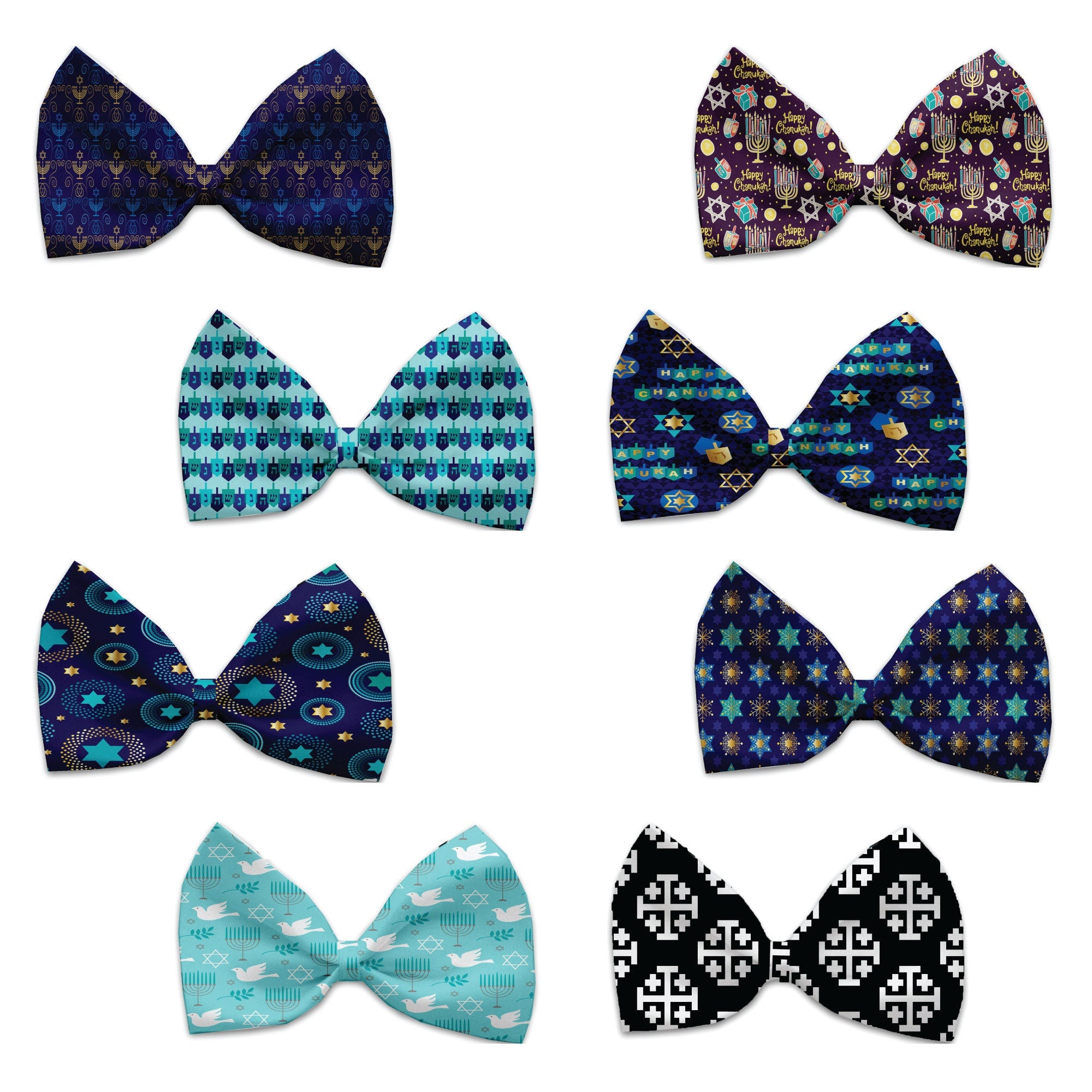 A collection of Hanukkah-themed bow ties for pets, featuring various festive patterns, made from silky polyester, suitable for dogs and cats.