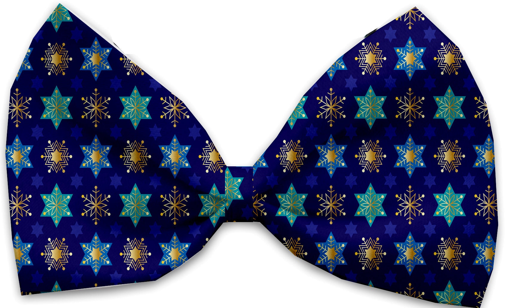 A collection of Hanukkah-themed bow ties for pets, featuring various festive patterns, made from silky polyester, suitable for dogs and cats.