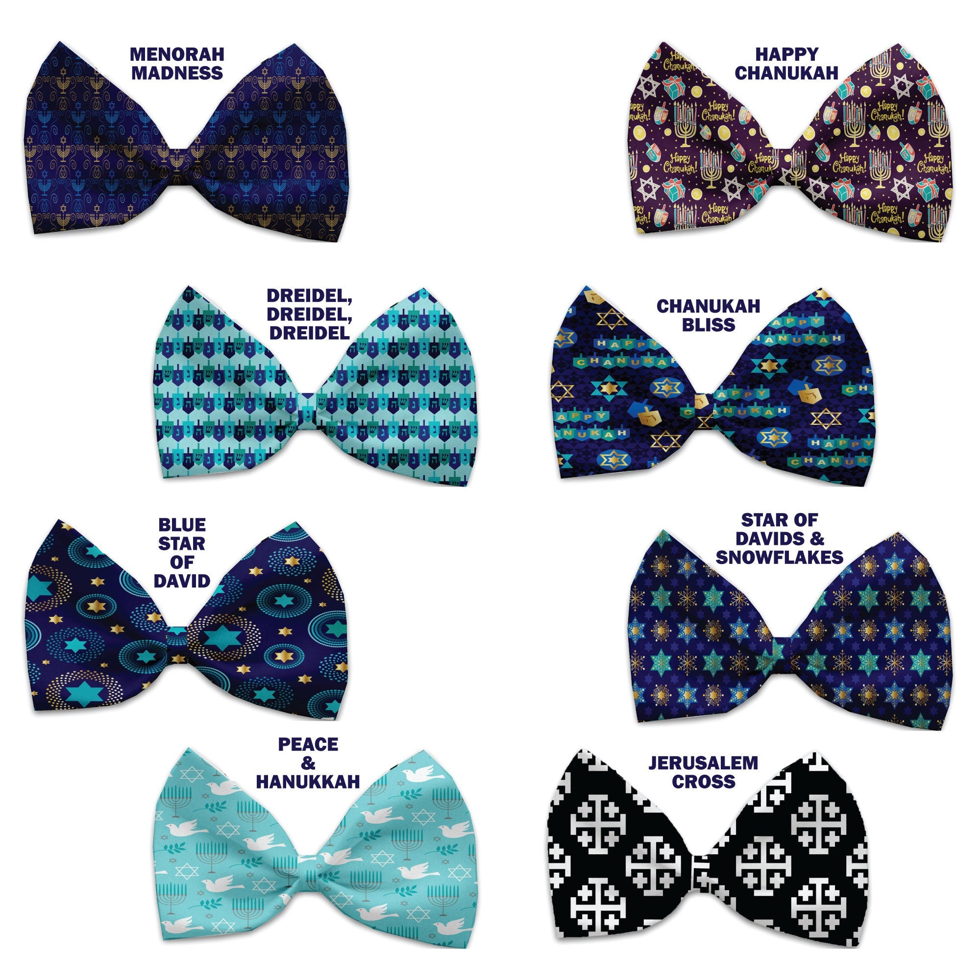 A collection of Hanukkah-themed bow ties for pets, featuring various festive patterns, made from silky polyester, suitable for dogs and cats.