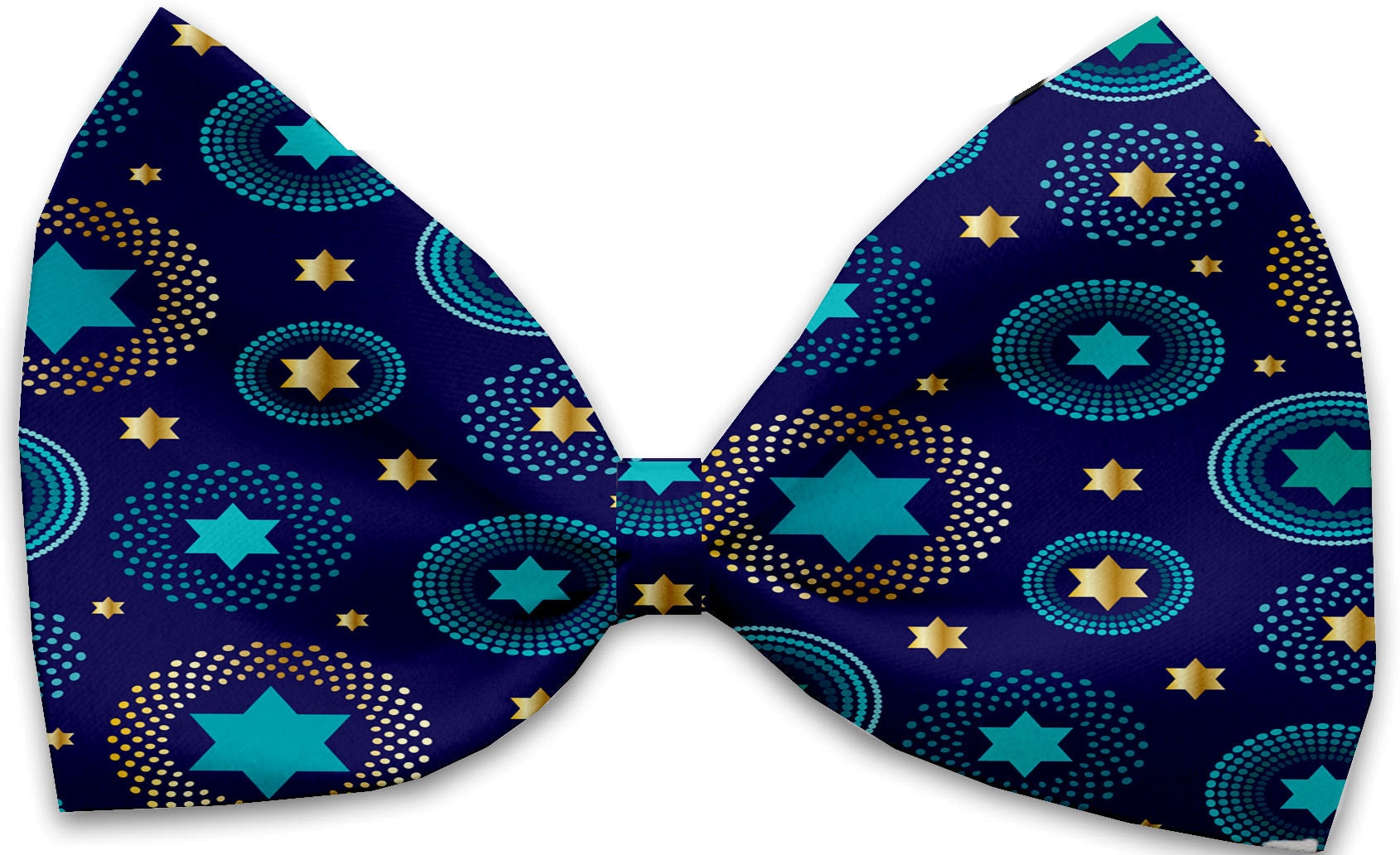 A collection of Hanukkah-themed bow ties for pets, featuring various festive patterns, made from silky polyester, suitable for dogs and cats.