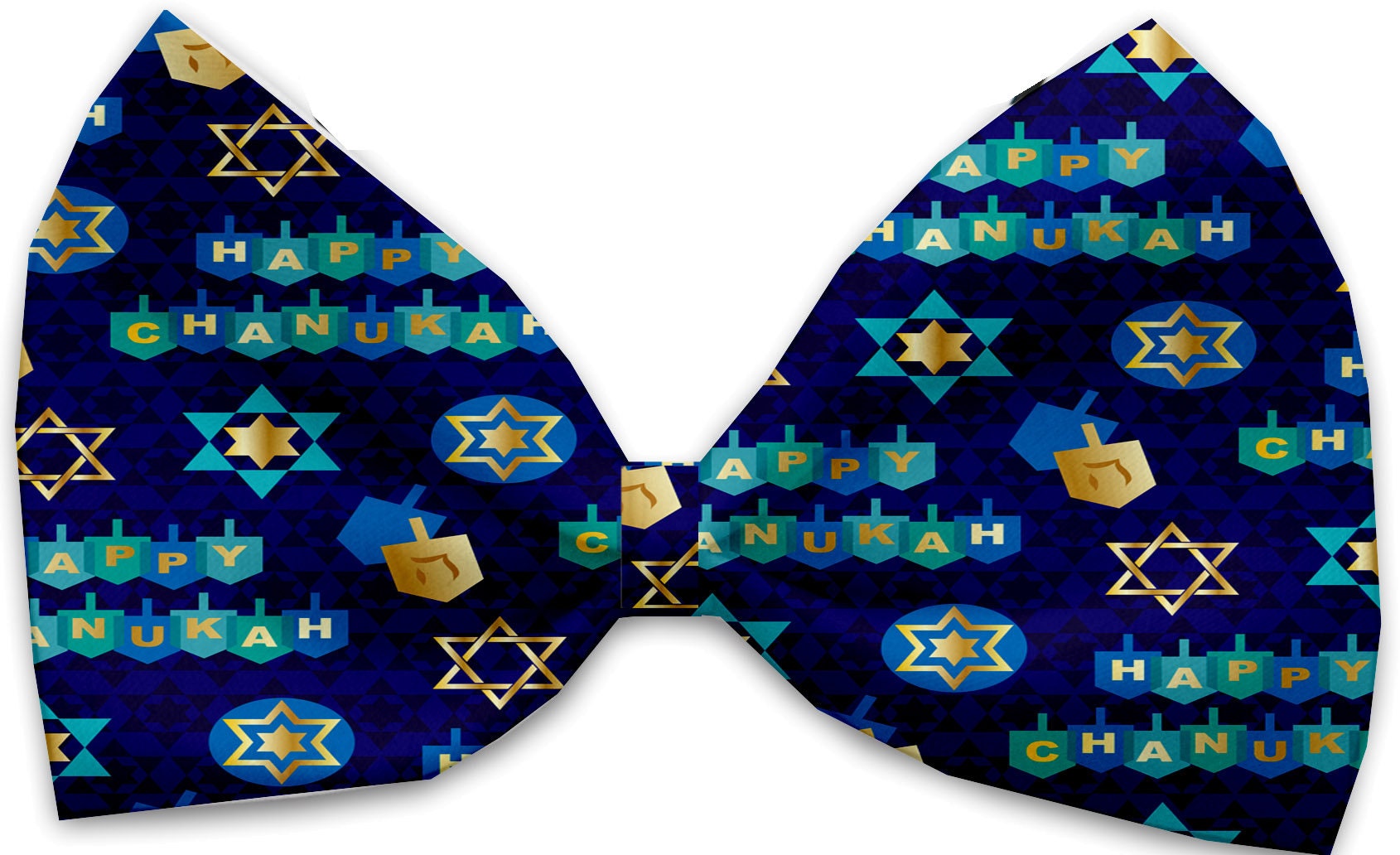 A collection of Hanukkah-themed bow ties for pets, featuring various festive patterns, made from silky polyester, suitable for dogs and cats.