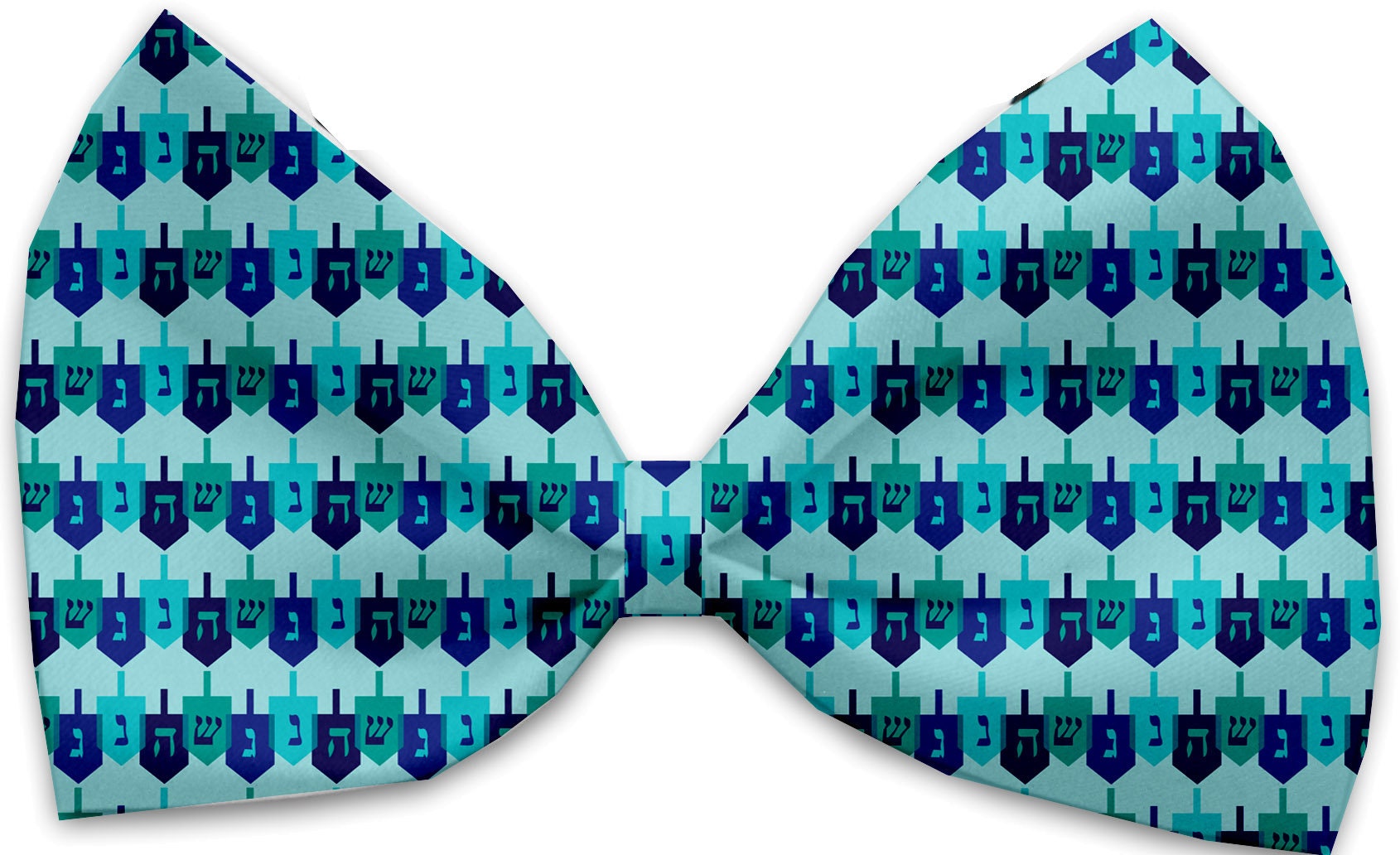 A collection of Hanukkah-themed bow ties for pets, featuring various festive patterns, made from silky polyester, suitable for dogs and cats.