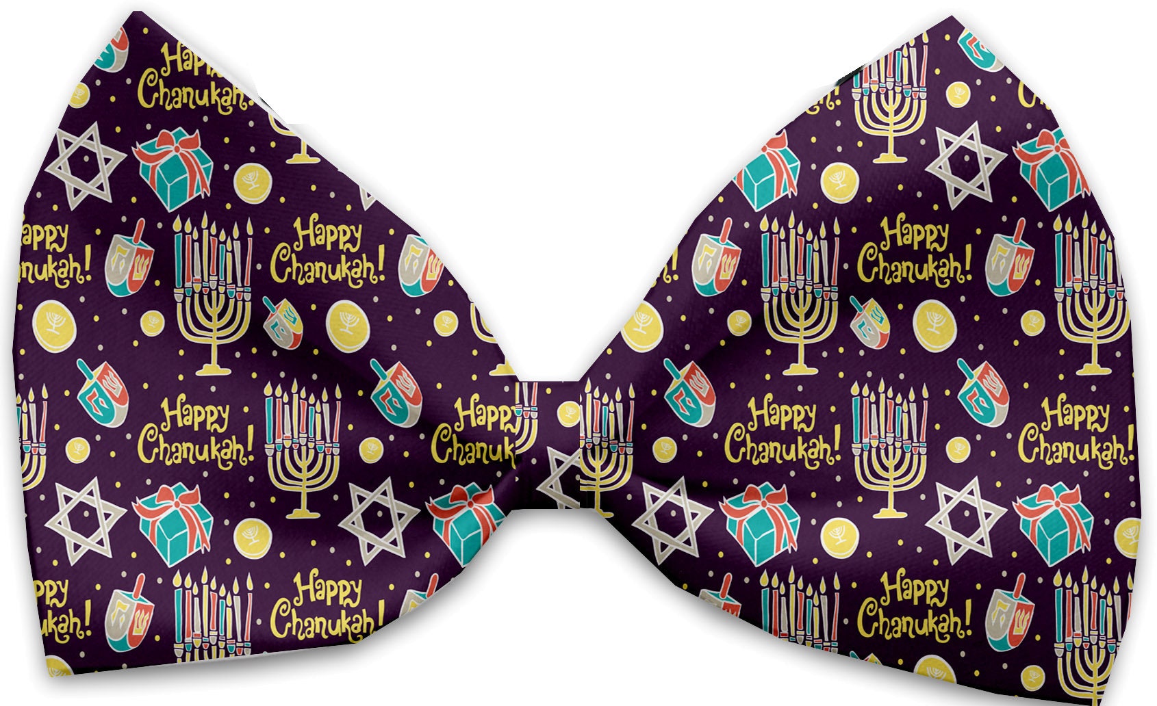 A collection of Hanukkah-themed bow ties for pets, featuring various festive patterns, made from silky polyester, suitable for dogs and cats.