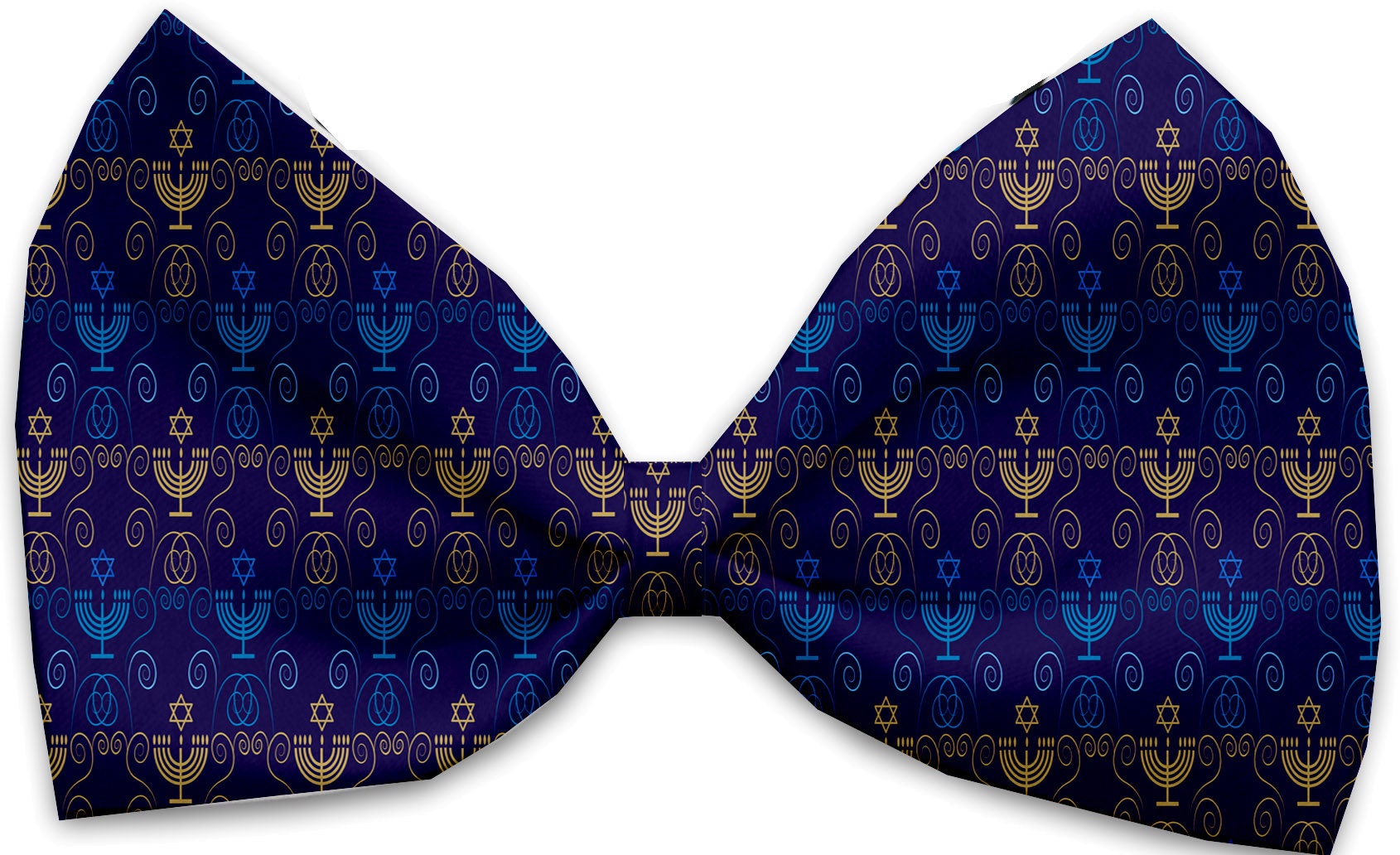 A collection of Hanukkah-themed bow ties for pets, featuring various festive patterns, made from silky polyester, suitable for dogs and cats.