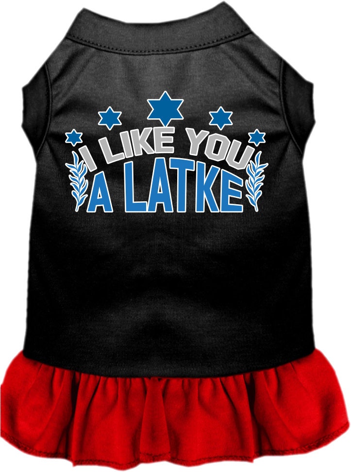 A cute Hanukkah-themed dress for pets, featuring the phrase 'I Like You A Latke' with a ruffled bottom, suitable for dogs and cats.