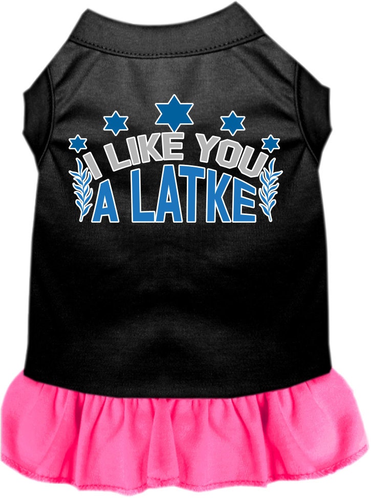 A cute Hanukkah-themed dress for pets, featuring the phrase 'I Like You A Latke' with a ruffled bottom, suitable for dogs and cats.