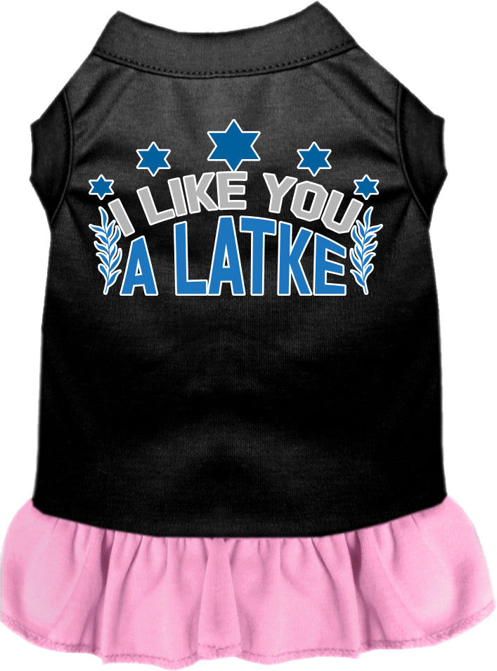 A cute Hanukkah-themed dress for pets, featuring the phrase 'I Like You A Latke' with a ruffled bottom, suitable for dogs and cats.