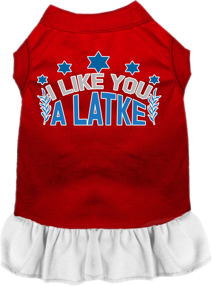 A cute Hanukkah-themed dress for pets, featuring the phrase 'I Like You A Latke' with a ruffled bottom, suitable for dogs and cats.