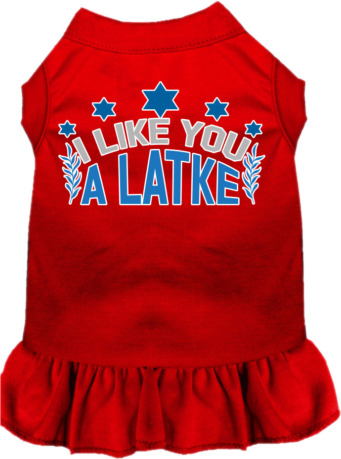 A cute Hanukkah-themed dress for pets, featuring the phrase 'I Like You A Latke' with a ruffled bottom, suitable for dogs and cats.