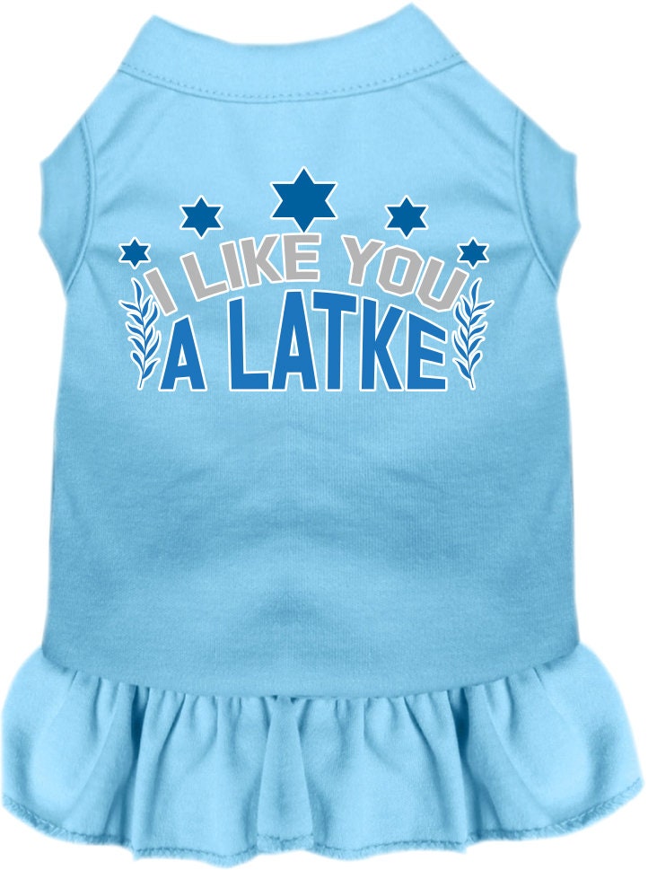 A cute Hanukkah-themed dress for pets, featuring the phrase 'I Like You A Latke' with a ruffled bottom, suitable for dogs and cats.