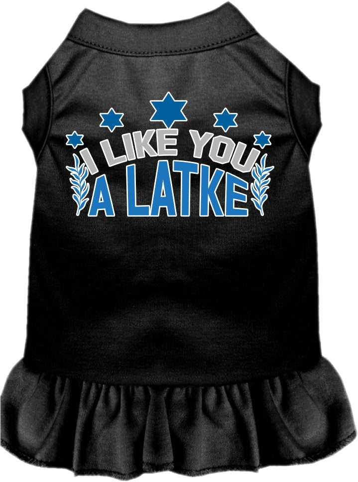 A cute Hanukkah-themed dress for pets, featuring the phrase 'I Like You A Latke' with a ruffled bottom, suitable for dogs and cats.