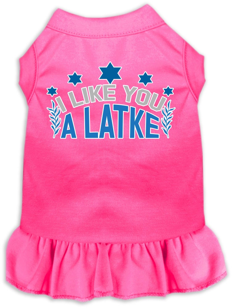 A cute Hanukkah-themed dress for pets, featuring the phrase 'I Like You A Latke' with a ruffled bottom, suitable for dogs and cats.