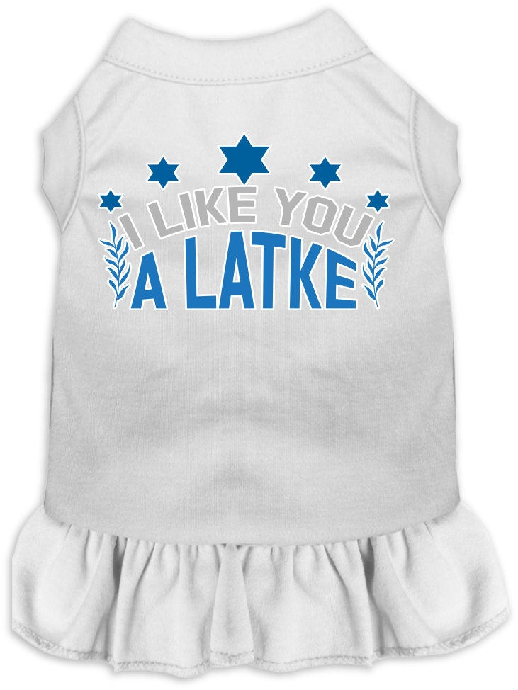 A cute Hanukkah-themed dress for pets, featuring the phrase 'I Like You A Latke' with a ruffled bottom, suitable for dogs and cats.