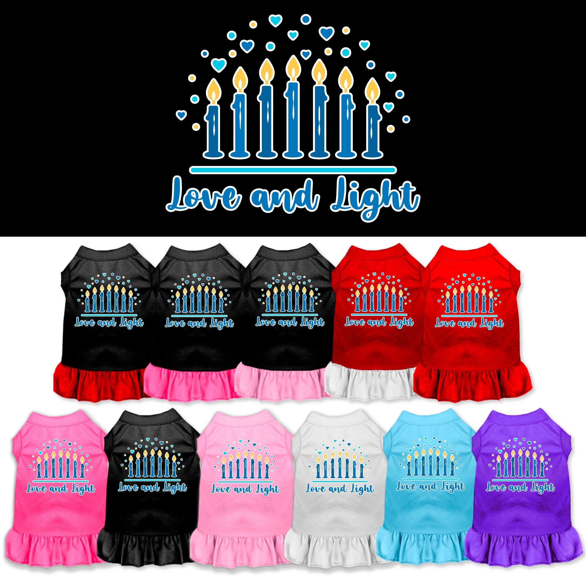 A cute Hanukkah-themed dress for dogs and cats, featuring a 'Love and Light' print with a ruffled bottom, perfect for festive celebrations.