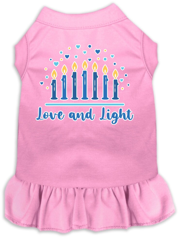 A cute Hanukkah-themed dress for dogs and cats, featuring a 'Love and Light' print with a ruffled bottom, perfect for festive celebrations.