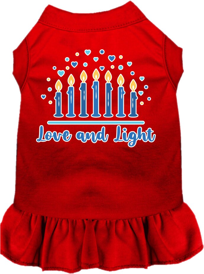 A cute Hanukkah-themed dress for dogs and cats, featuring a 'Love and Light' print with a ruffled bottom, perfect for festive celebrations.