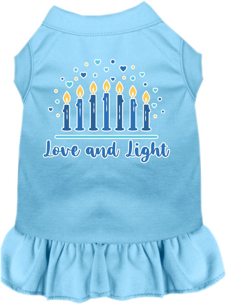 A cute Hanukkah-themed dress for dogs and cats, featuring a 'Love and Light' print with a ruffled bottom, perfect for festive celebrations.