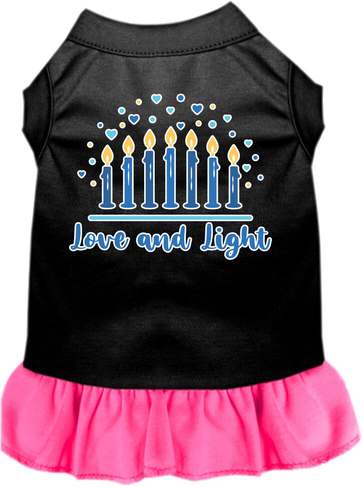 A cute Hanukkah-themed dress for dogs and cats, featuring a 'Love and Light' print with a ruffled bottom, perfect for festive celebrations.