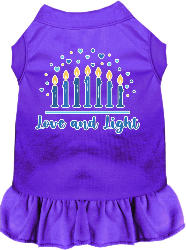 A cute Hanukkah-themed dress for dogs and cats, featuring a 'Love and Light' print with a ruffled bottom, perfect for festive celebrations.