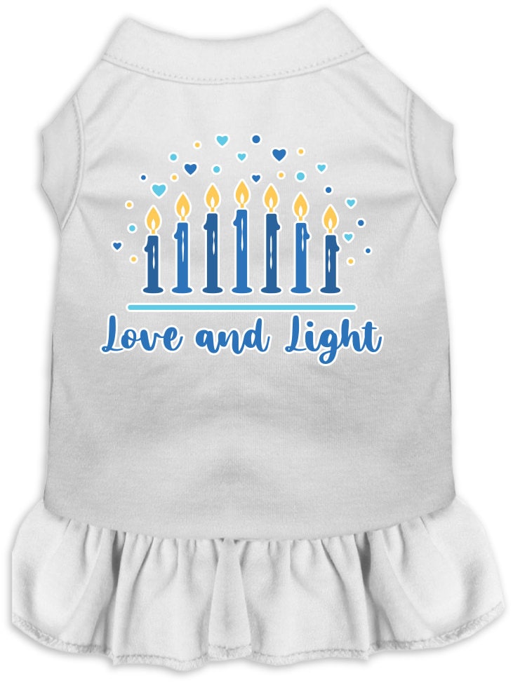 A cute Hanukkah-themed dress for dogs and cats, featuring a 'Love and Light' print with a ruffled bottom, perfect for festive celebrations.