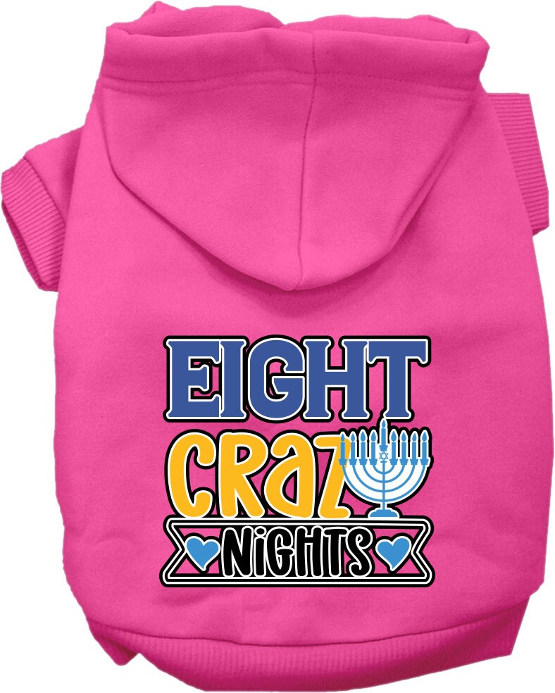 A cozy Hanukkah pet hoodie for dogs and cats, featuring a festive 'Eight Crazy Nights' screen print, designed for comfort and durability.