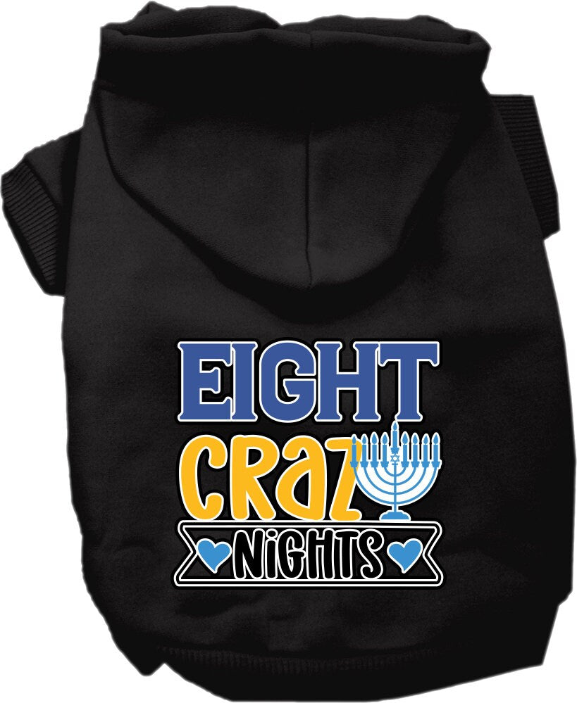A cozy Hanukkah pet hoodie for dogs and cats, featuring a festive 'Eight Crazy Nights' screen print, designed for comfort and durability.