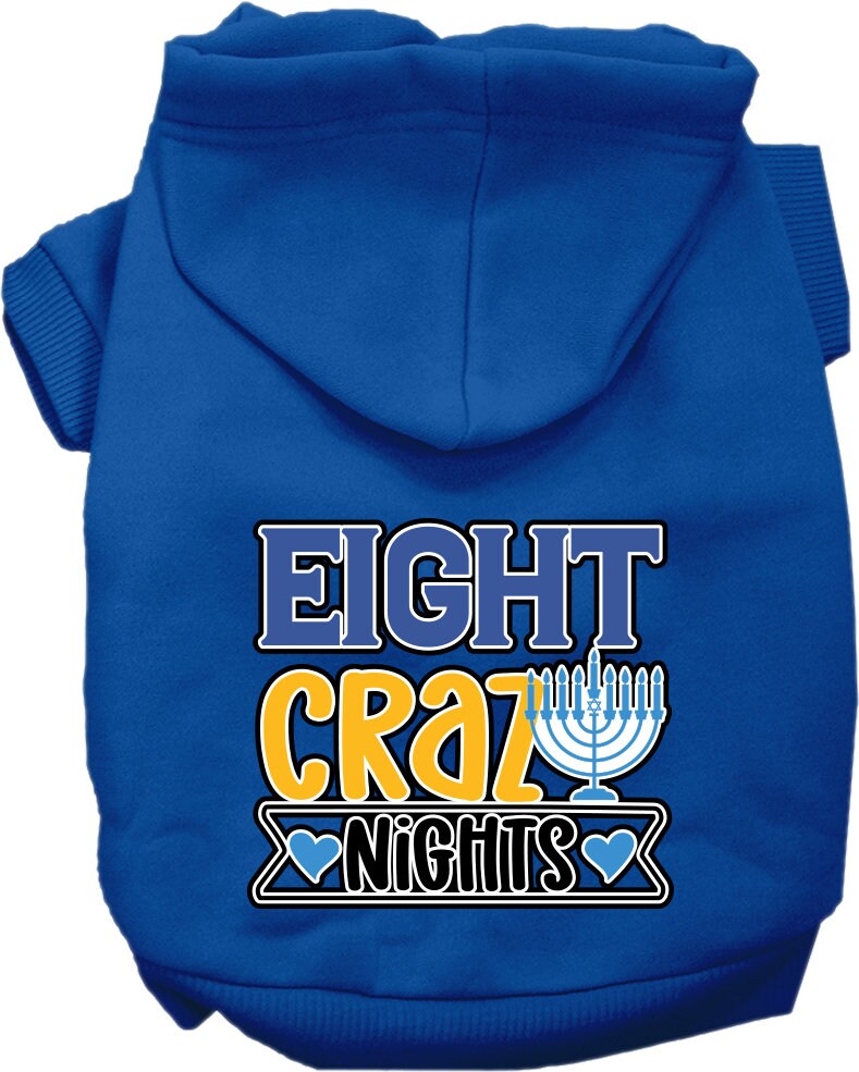 A cozy Hanukkah pet hoodie for dogs and cats, featuring a festive 'Eight Crazy Nights' screen print, designed for comfort and durability.