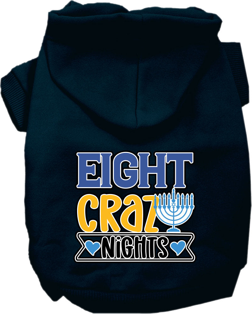 A cozy Hanukkah pet hoodie for dogs and cats, featuring a festive 'Eight Crazy Nights' screen print, designed for comfort and durability.