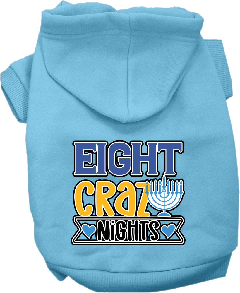 A cozy Hanukkah pet hoodie for dogs and cats, featuring a festive 'Eight Crazy Nights' screen print, designed for comfort and durability.