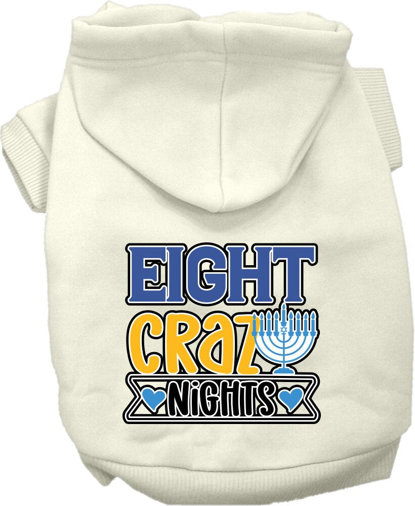 A cozy Hanukkah pet hoodie for dogs and cats, featuring a festive 'Eight Crazy Nights' screen print, designed for comfort and durability.