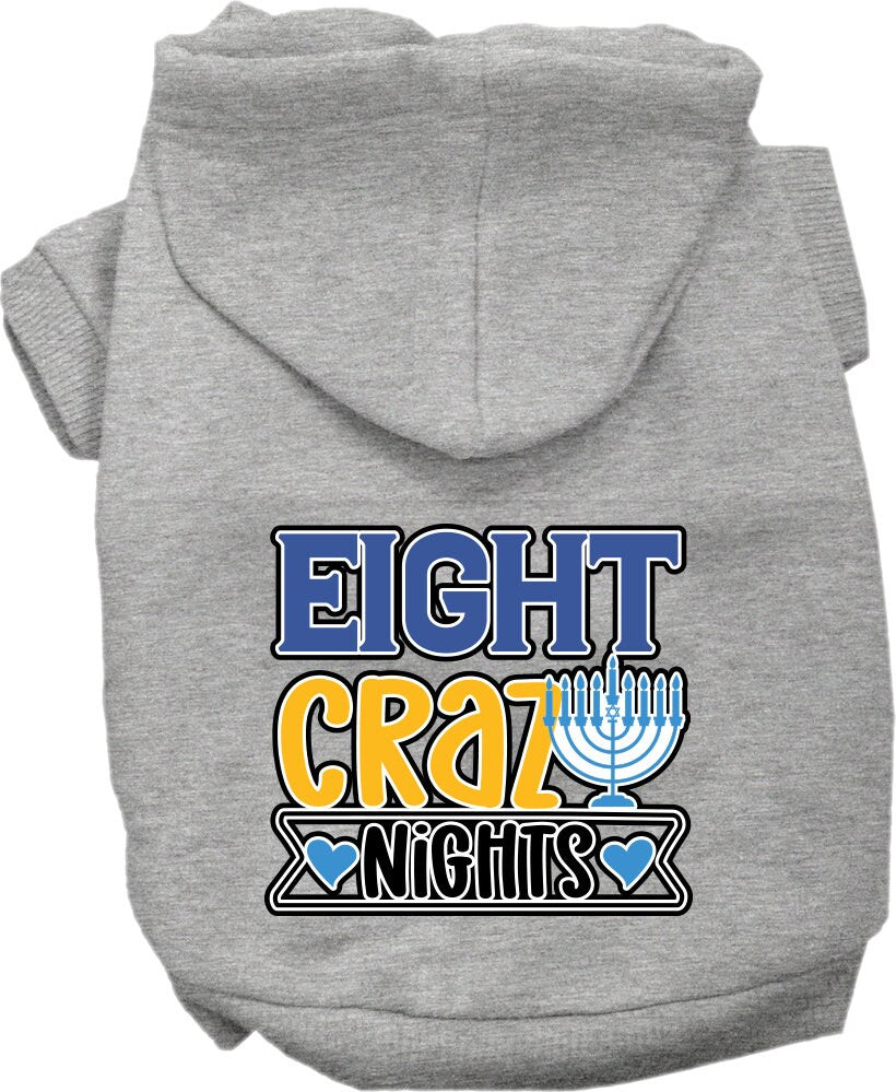 A cozy Hanukkah pet hoodie for dogs and cats, featuring a festive 'Eight Crazy Nights' screen print, designed for comfort and durability.