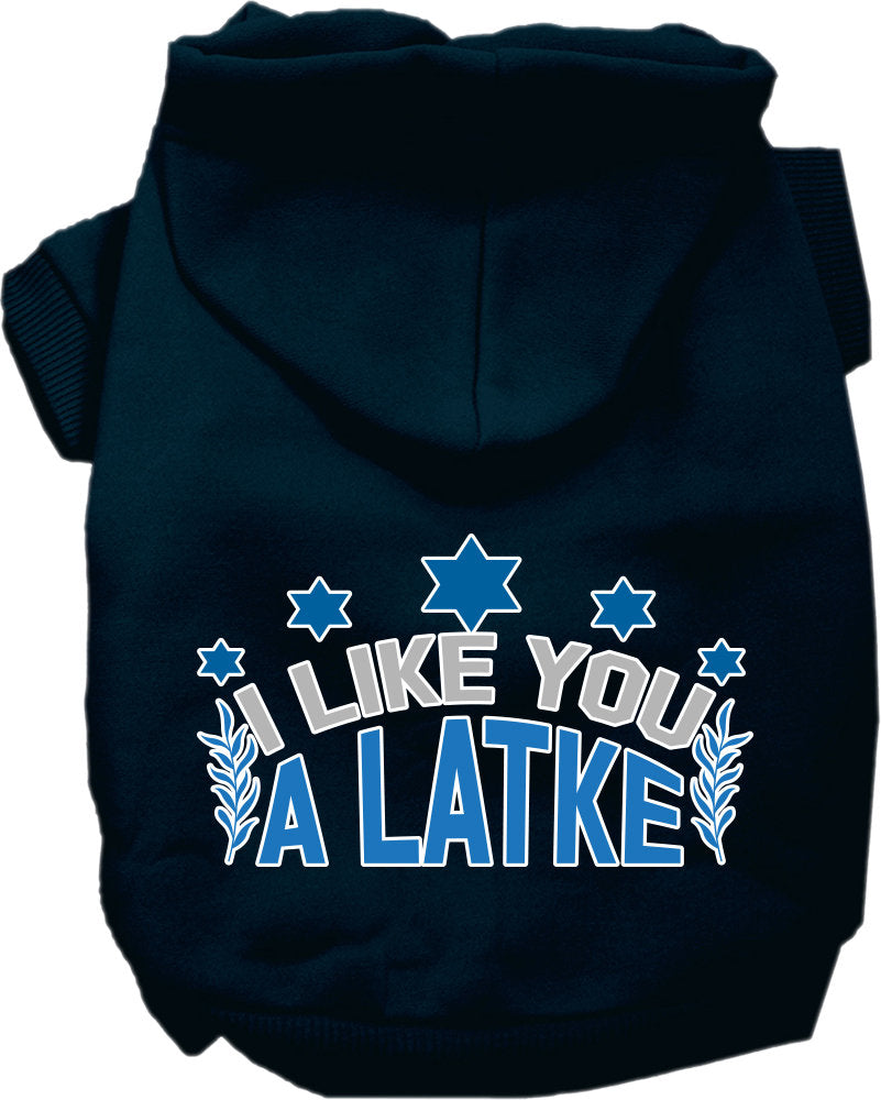 A cozy Hanukkah pet hoodie for dogs and cats, featuring the phrase 'I Like You A Latke' in festive colors.