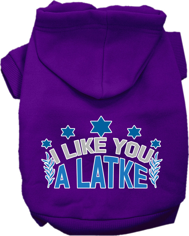 A cozy Hanukkah pet hoodie for dogs and cats, featuring the phrase 'I Like You A Latke' in festive colors.