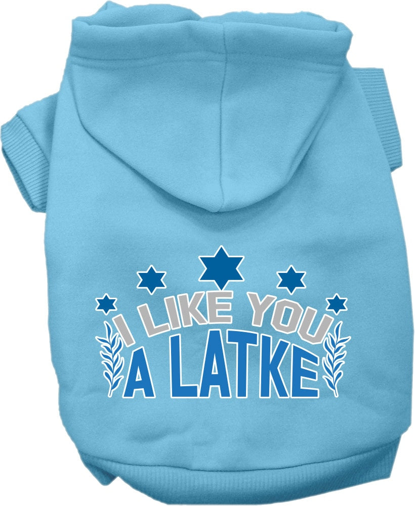 A cozy Hanukkah pet hoodie for dogs and cats, featuring the phrase 'I Like You A Latke' in festive colors.