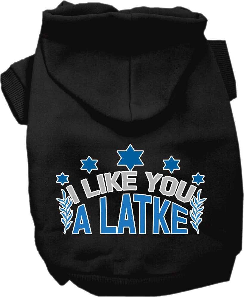 A cozy Hanukkah pet hoodie for dogs and cats, featuring the phrase 'I Like You A Latke' in festive colors.