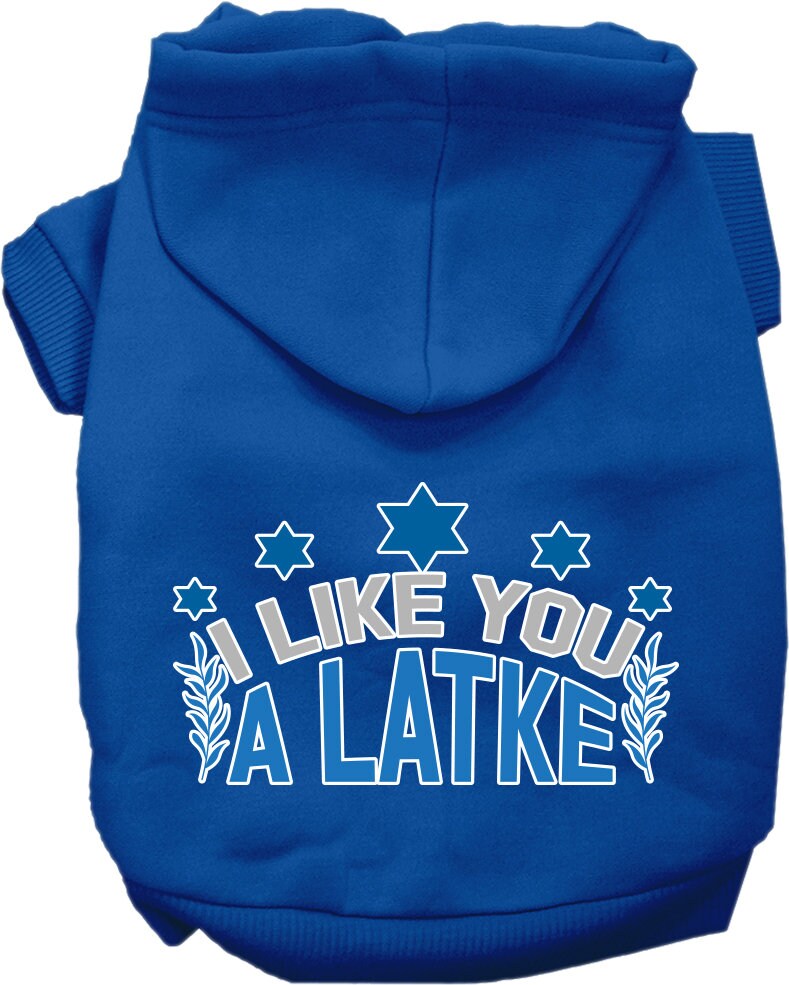 A cozy Hanukkah pet hoodie for dogs and cats, featuring the phrase 'I Like You A Latke' in festive colors.