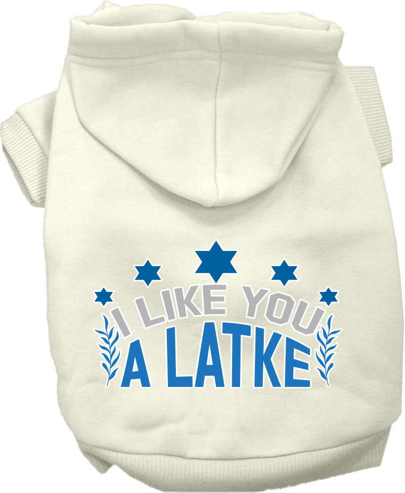 A cozy Hanukkah pet hoodie for dogs and cats, featuring the phrase 'I Like You A Latke' in festive colors.