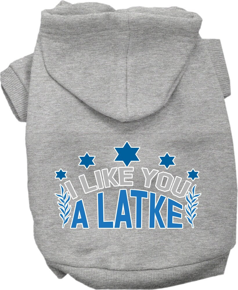 A cozy Hanukkah pet hoodie for dogs and cats, featuring the phrase 'I Like You A Latke' in festive colors.