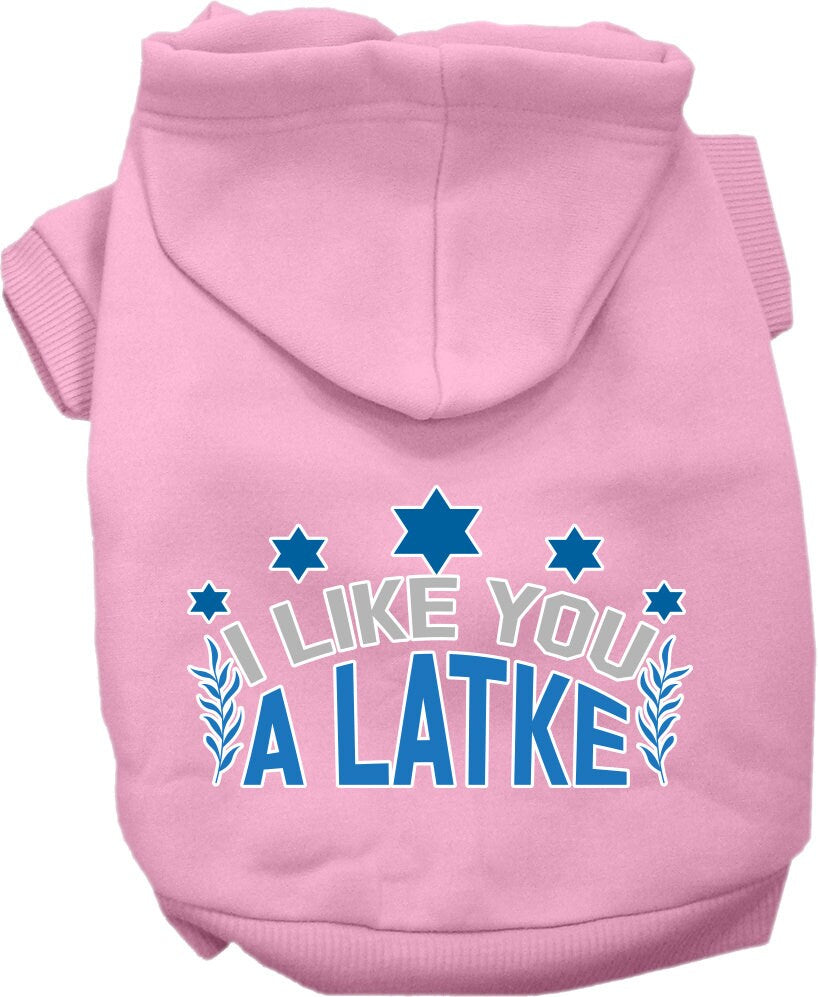 A cozy Hanukkah pet hoodie for dogs and cats, featuring the phrase 'I Like You A Latke' in festive colors.