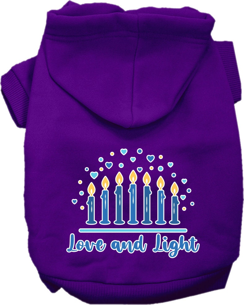 A cozy Hanukkah pet hoodie for dogs and cats, featuring a screen-printed design that reads 'Love and Light', showcasing a festive blue color.