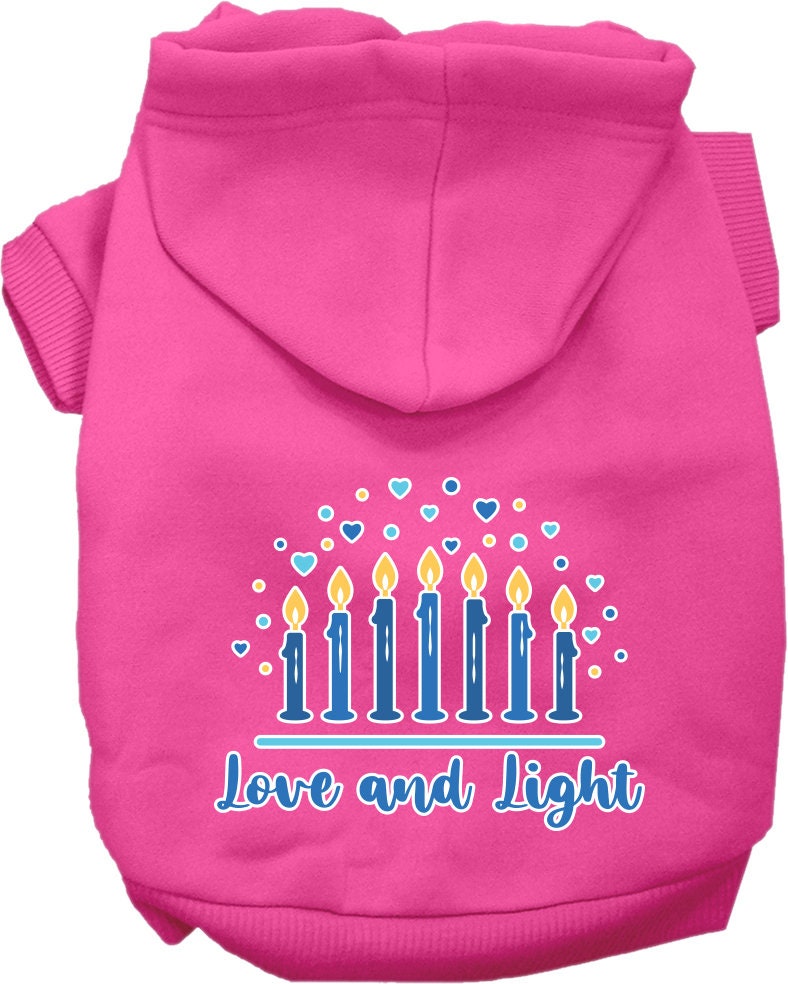 A cozy Hanukkah pet hoodie for dogs and cats, featuring a screen-printed design that reads 'Love and Light', showcasing a festive blue color.