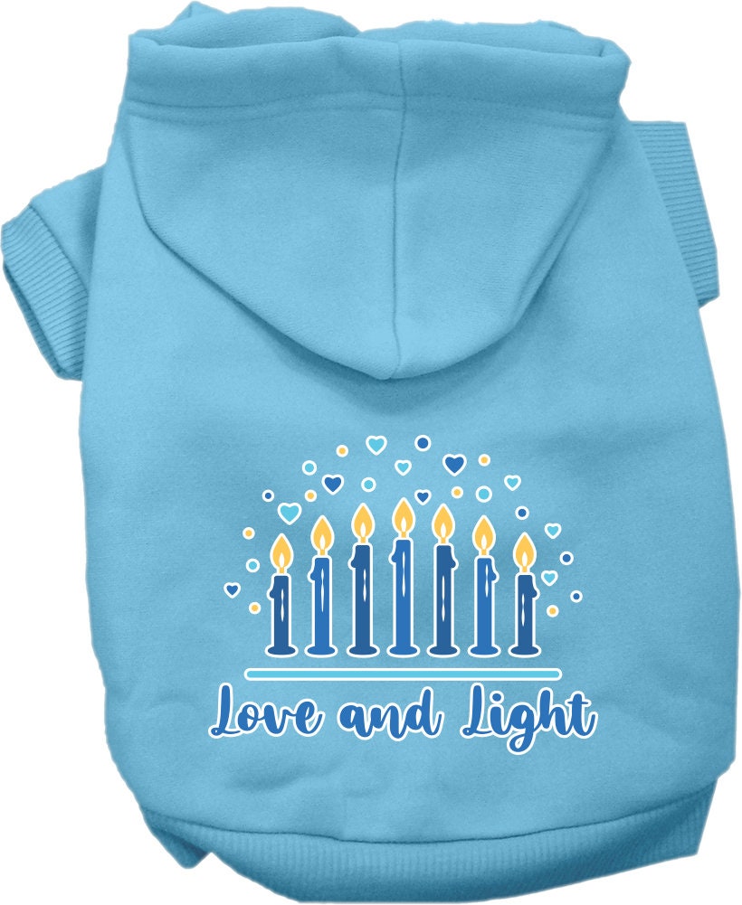 A cozy Hanukkah pet hoodie for dogs and cats, featuring a screen-printed design that reads 'Love and Light', showcasing a festive blue color.