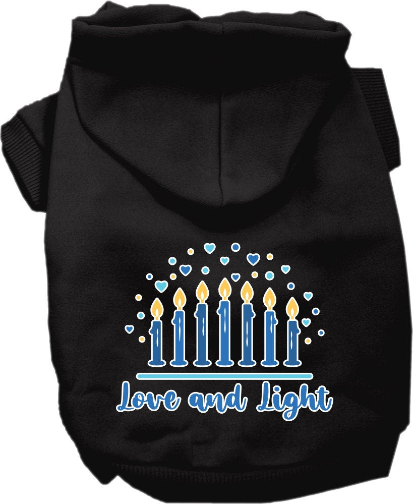 A cozy Hanukkah pet hoodie for dogs and cats, featuring a screen-printed design that reads 'Love and Light', showcasing a festive blue color.