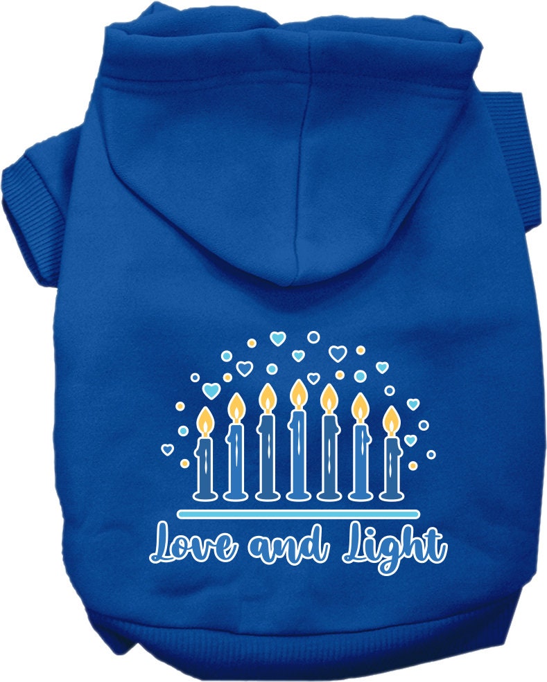 A cozy Hanukkah pet hoodie for dogs and cats, featuring a screen-printed design that reads 'Love and Light', showcasing a festive blue color.
