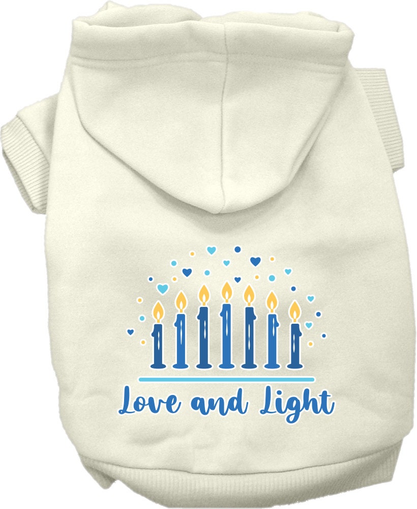 A cozy Hanukkah pet hoodie for dogs and cats, featuring a screen-printed design that reads 'Love and Light', showcasing a festive blue color.
