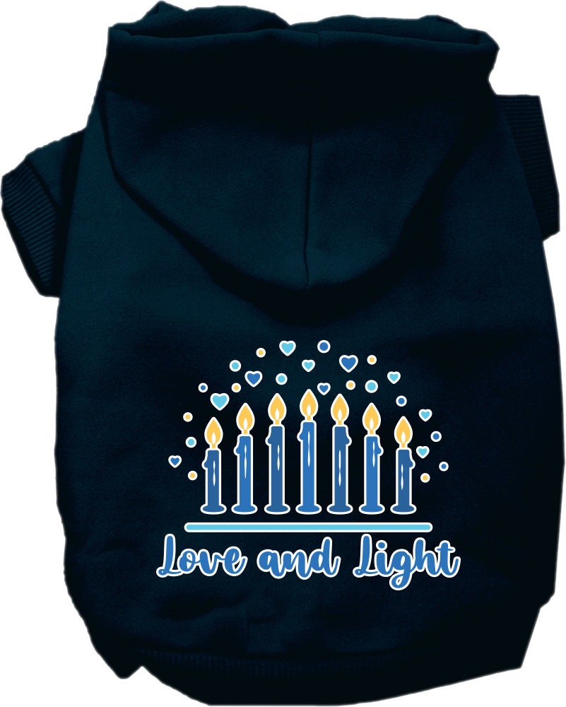 A cozy Hanukkah pet hoodie for dogs and cats, featuring a screen-printed design that reads 'Love and Light', showcasing a festive blue color.