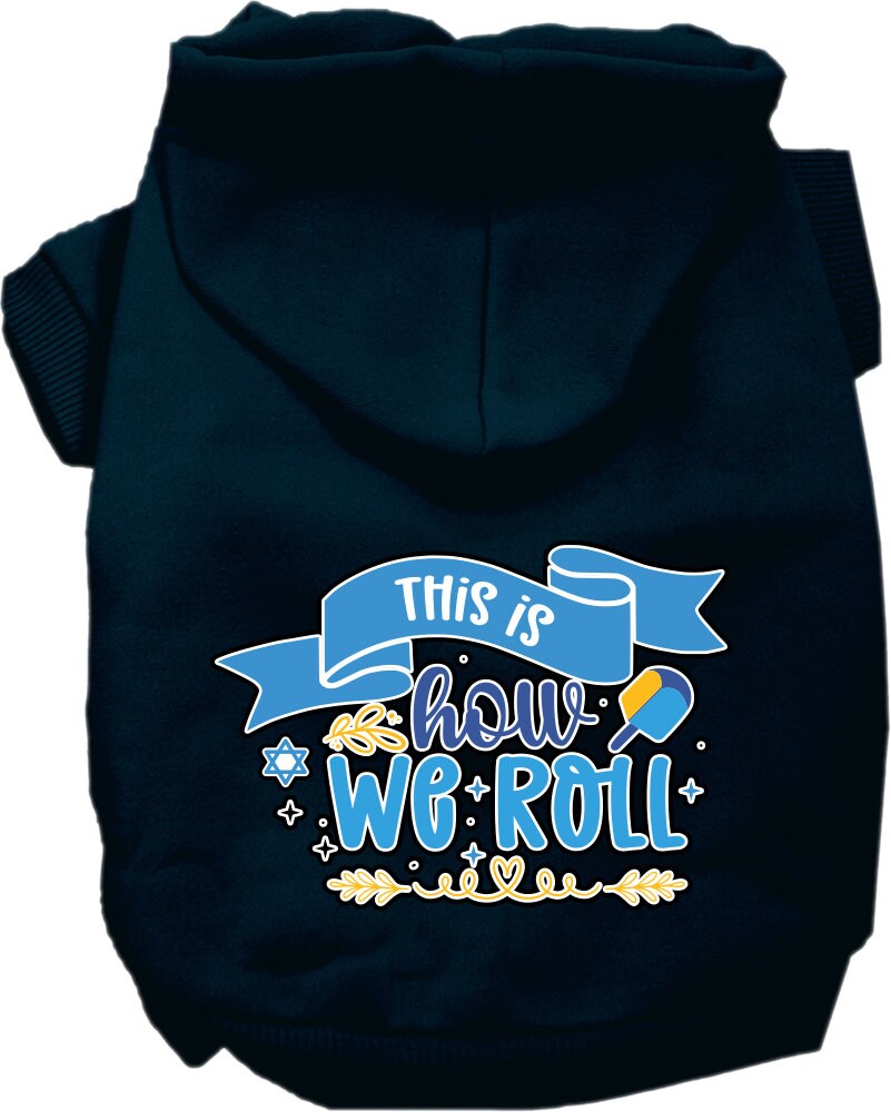 A cozy Hanukkah hoodie for dogs and cats, featuring the phrase 'This Is How We Roll' in festive colors, perfect for holiday celebrations.