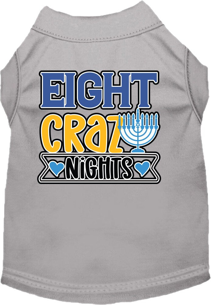 A soft and comfy Hanukkah pet shirt for dogs and cats, featuring the screen-printed phrase 'Eight Crazy Nights' in festive colors.