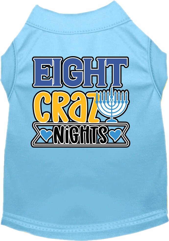 A soft and comfy Hanukkah pet shirt for dogs and cats, featuring the screen-printed phrase 'Eight Crazy Nights' in festive colors.